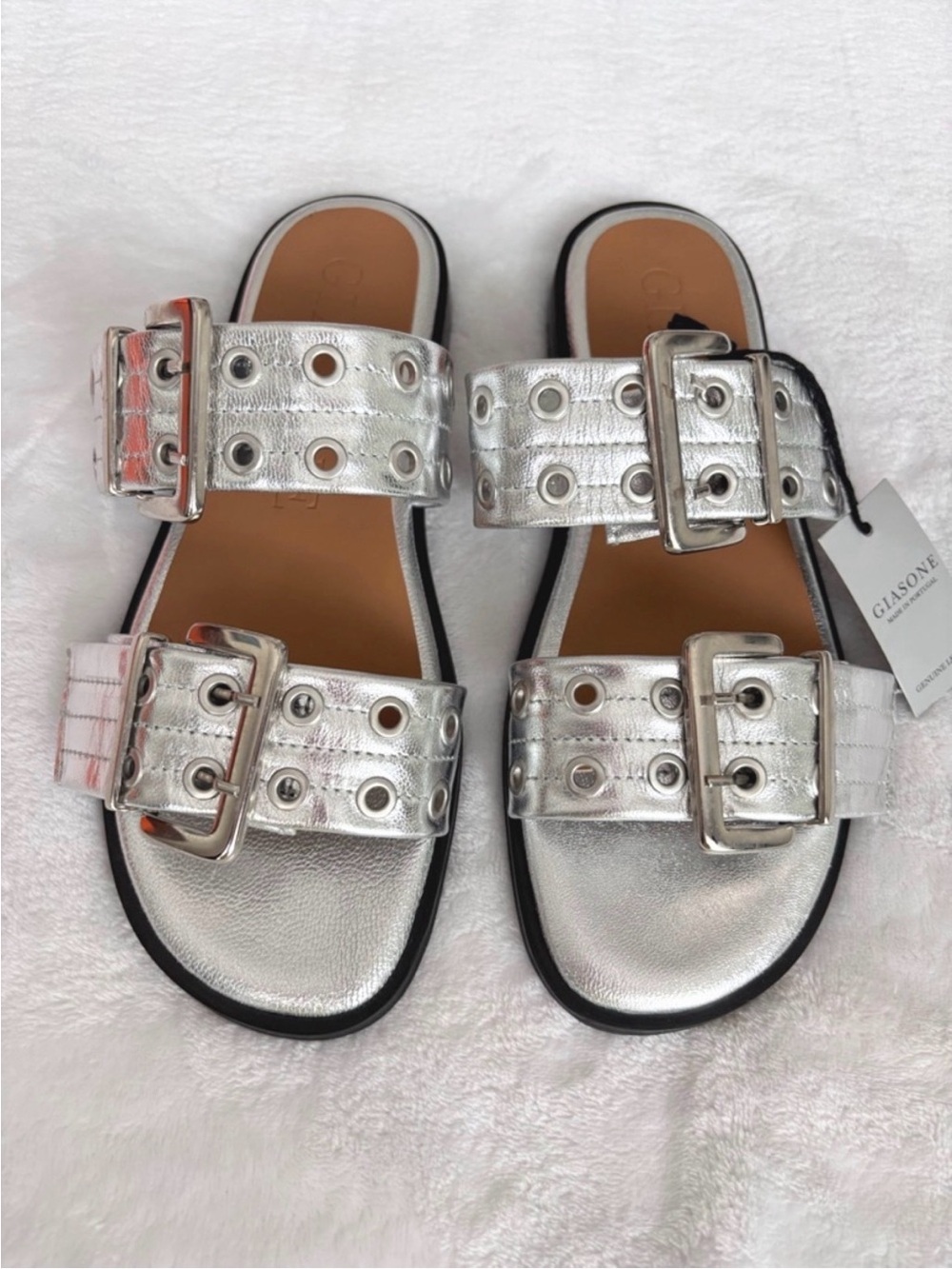 GIASONE Metallic Silver Buckle Two-Strap Flat Slide Sandal--NWT--7.5